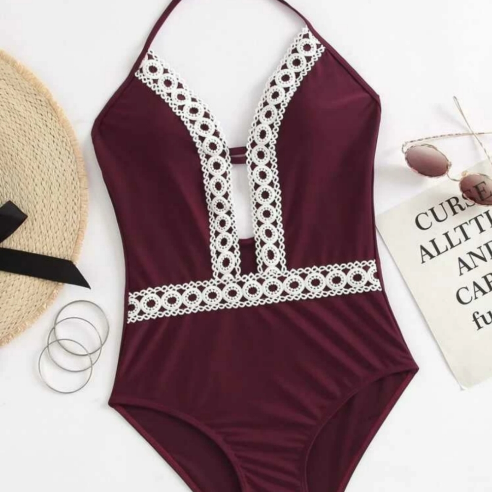 Crochet Lace Trim Plunging One-Piece Swimsuit